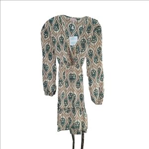 NWT Cienna Beautiful Long Sleeve Teal & Cream Tie Waist Boho Mini Dress - Small